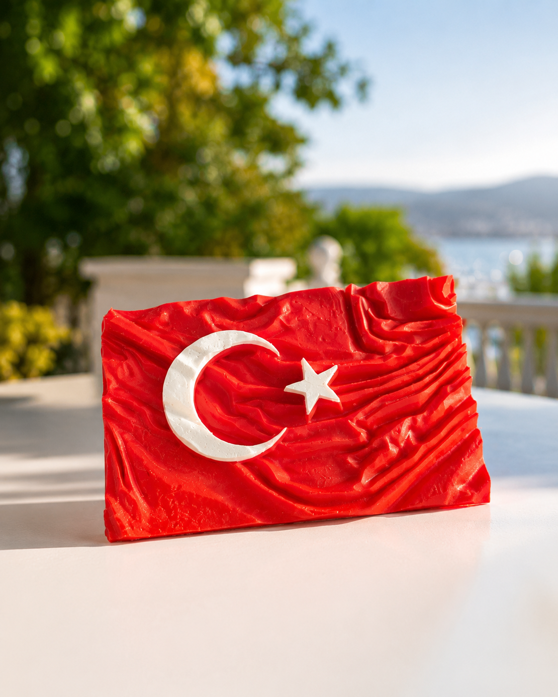 Kırmızı zemin üzerinde beyaz ay-yıldız kabartmalı Türk bayrağı rölyef