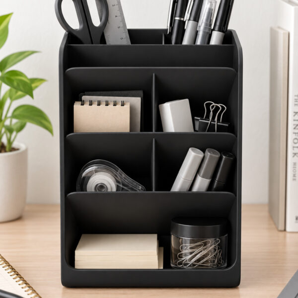 3D Baskı Çok Bölmeli Masaüstü Organizer – Siyah Eğimli Kalemlik, Ofis ve Kırtasiye Düzenleyici