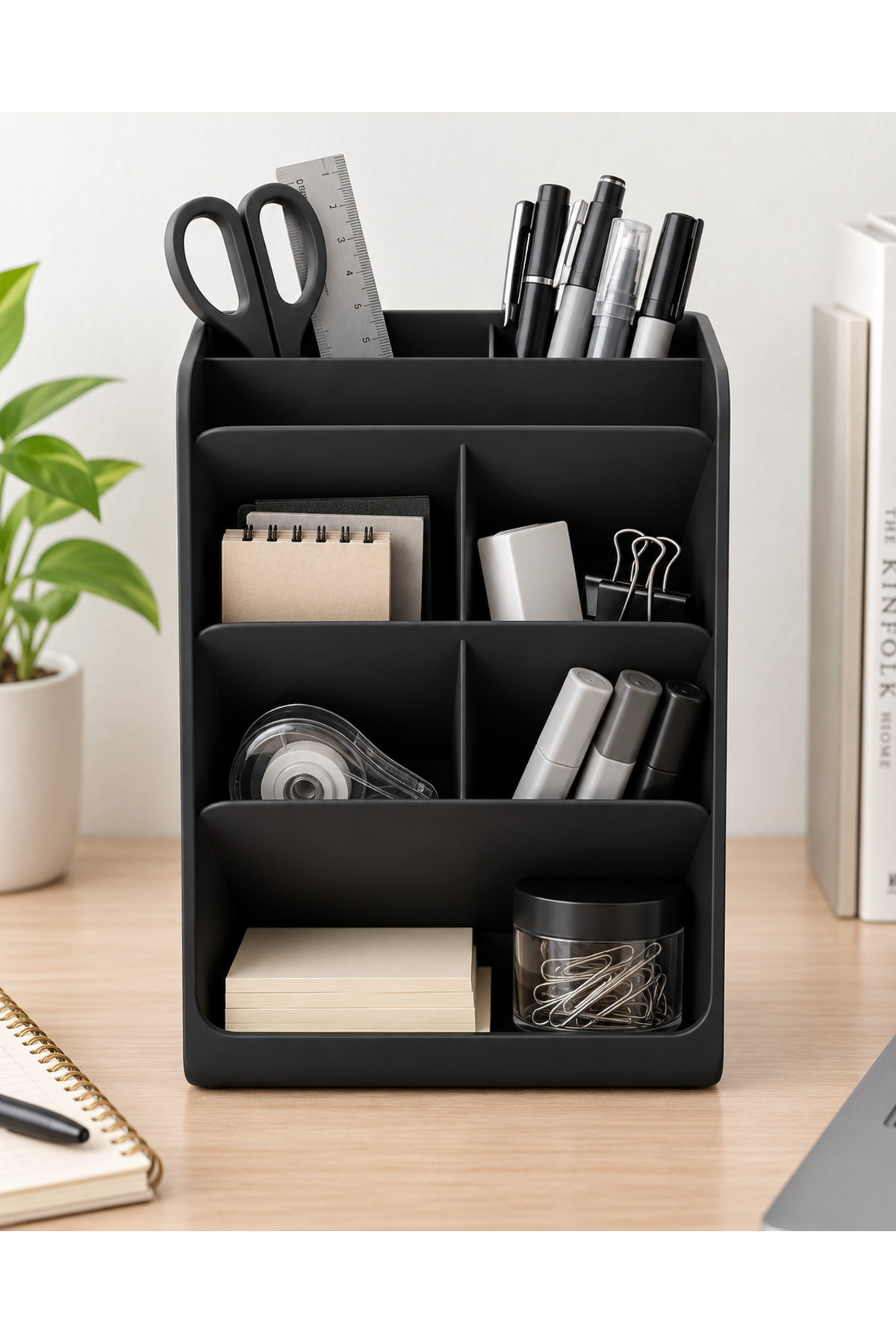 3D Baskı Çok Bölmeli Masaüstü Organizer – Siyah Eğimli Kalemlik, Ofis ve Kırtasiye Düzenleyici