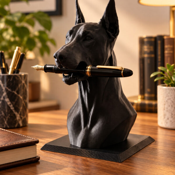 3D Baskı Doberman Kalem Tutucu Büst – Siyah Köpek Figürlü Dekoratif Masaüstü Kalemlik ve Ofis Aksesuarı