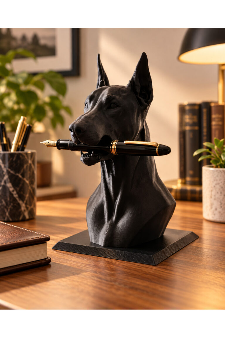 3D Baskı Doberman Kalem Tutucu Büst – Siyah Köpek Figürlü Dekoratif Masaüstü Kalemlik ve Ofis Aksesuarı