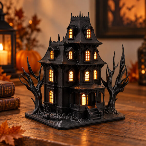 Işıklı Gotik Perili Ev Dekoratif Maket – 3D Baskı Siyah Halloween Masaüstü Dekor