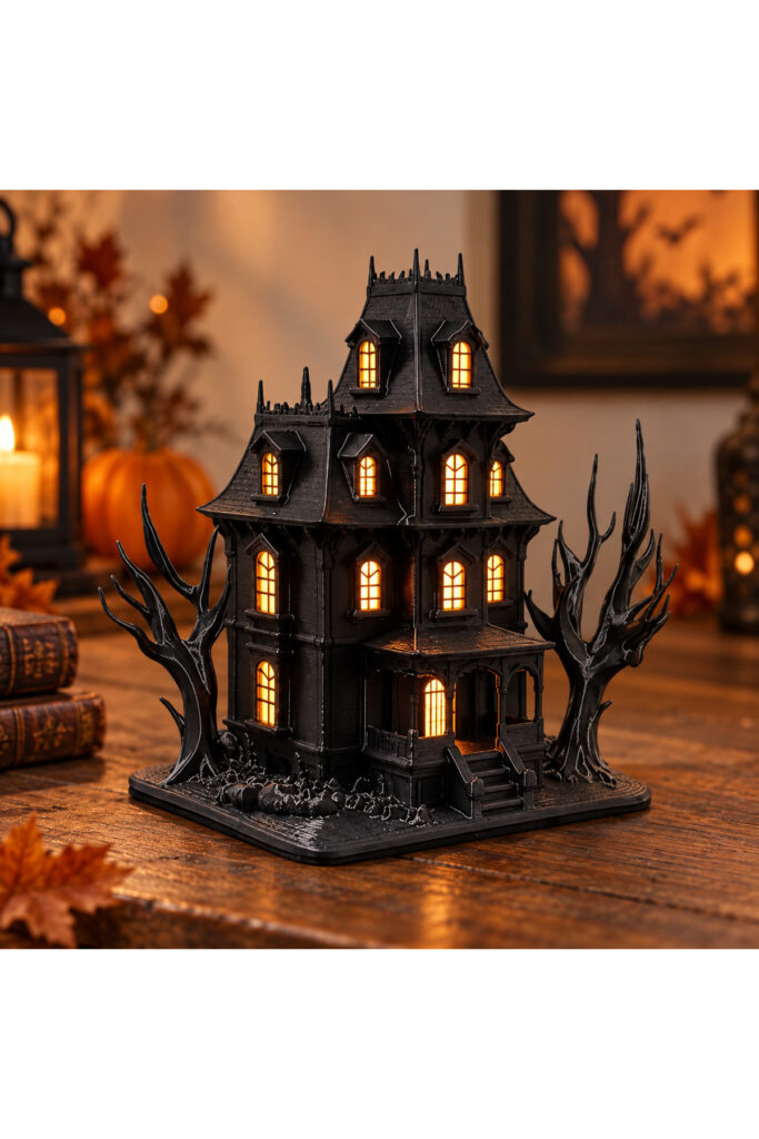 Işıklı Gotik Perili Ev Dekoratif Maket – 3D Baskı Siyah Halloween Masaüstü Dekor