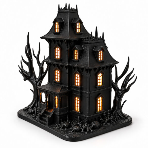 Işıklı Gotik Perili Ev Dekoratif Maket – 3D Baskı Siyah Halloween Masaüstü Dekor