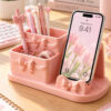 Pembe Fiyonklu Telefon Standlı Masaüstü Organizer – 3D Baskı Çok Bölmeli Kalemlik ve Kırtasiye Düzenleyici