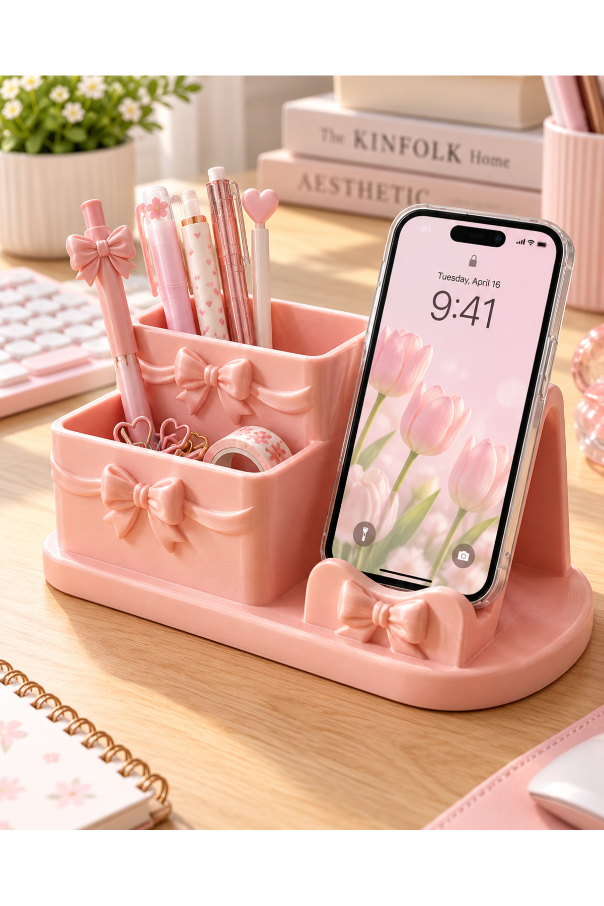Pembe Fiyonklu Telefon Standlı Masaüstü Organizer – 3D Baskı Çok Bölmeli Kalemlik ve Kırtasiye Düzenleyici